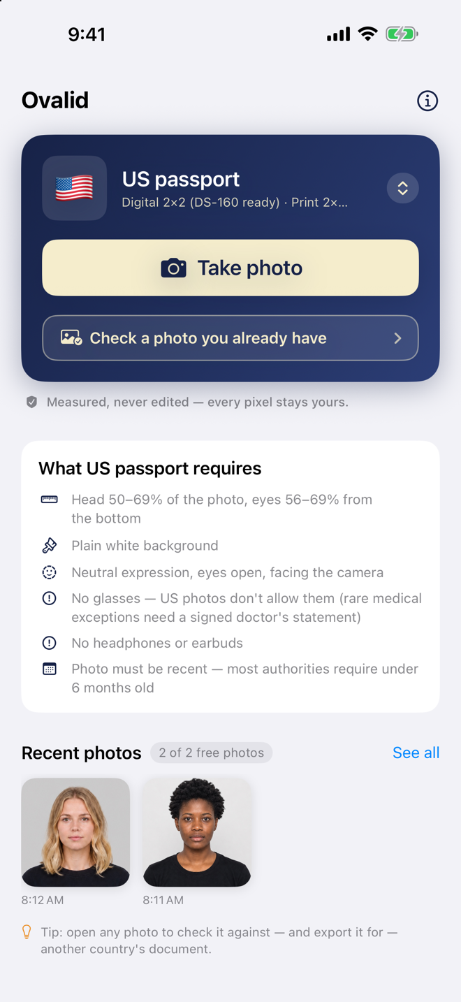 Ovalid home screen with the US passport requirements card and recent photos