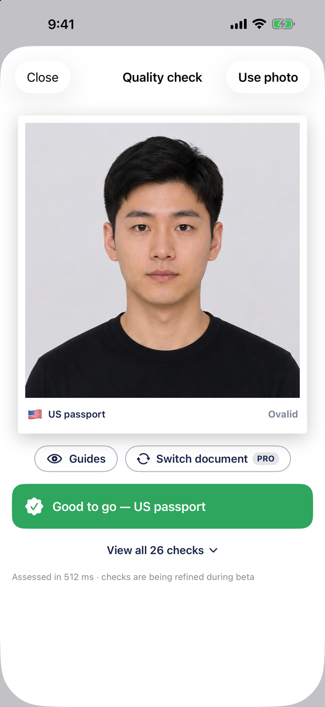 Ovalid verdict screen showing a compliant US passport photo with a green 'Good to go' banner