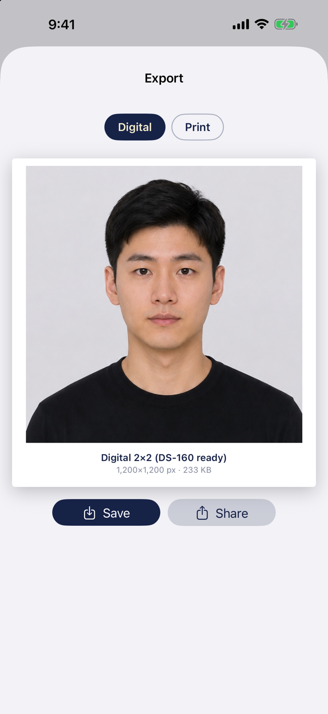 Ovalid export screen with a DS-160-ready 2 by 2 inch digital photo ready to save or share