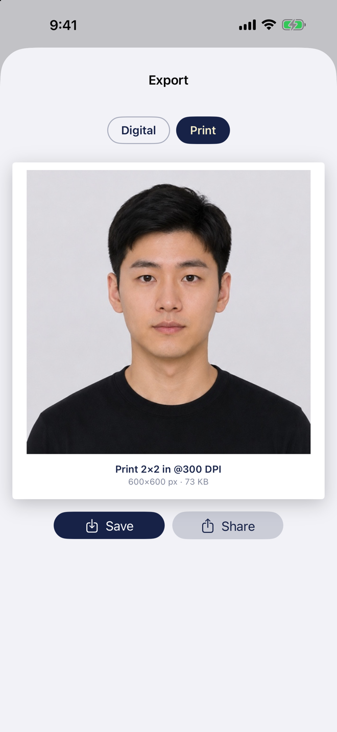 Ovalid print export: a 2 by 2 inch passport photo at 300 DPI, ready to print at home or at a kiosk
