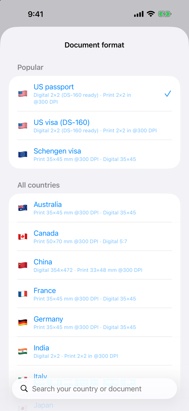 Ovalid document format picker listing US passport, DS-160, Schengen visa and many more countries