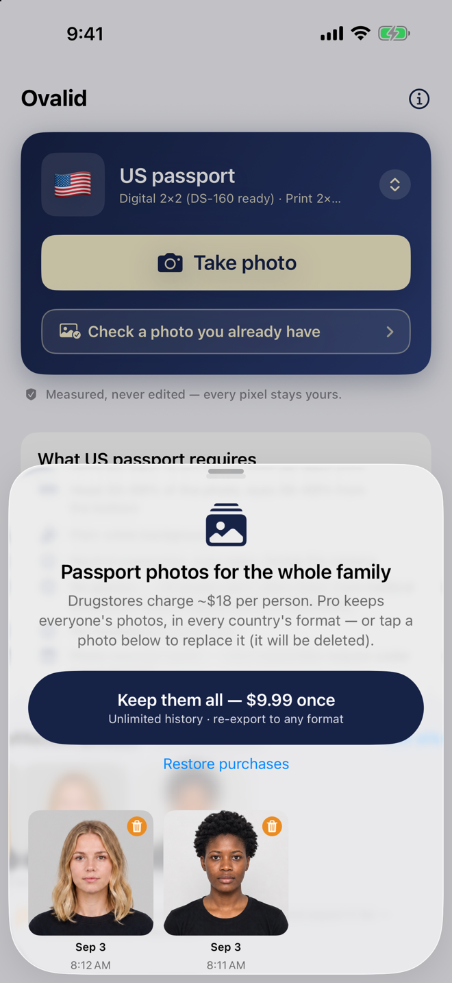 Ovalid Pro screen: passport photos for the whole family, $9.99 once, no subscription